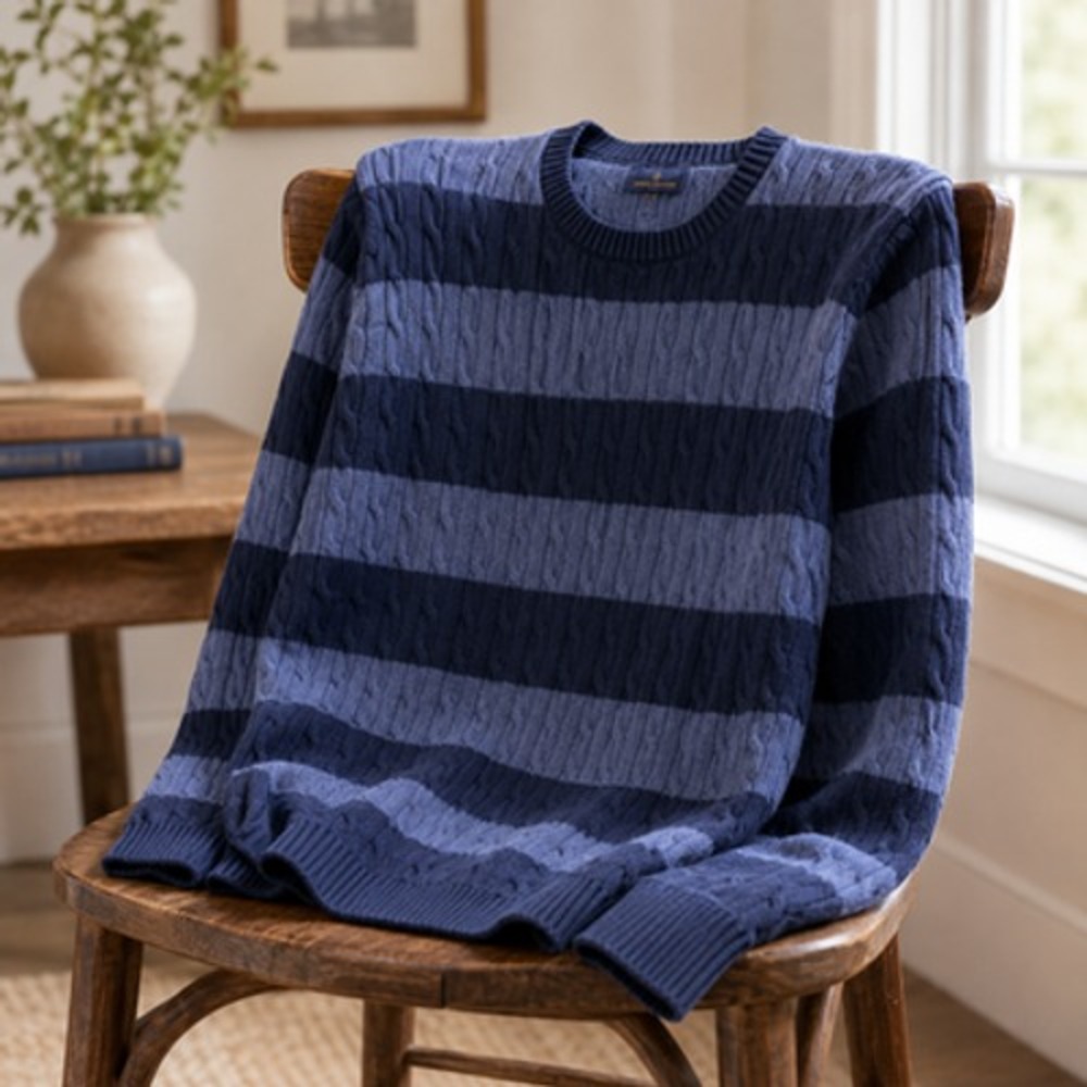 Brooks Brothers Mens 2XL Blue Striped Cable Knit Crew Neck Pullover Sweater - Picture 3 of 11